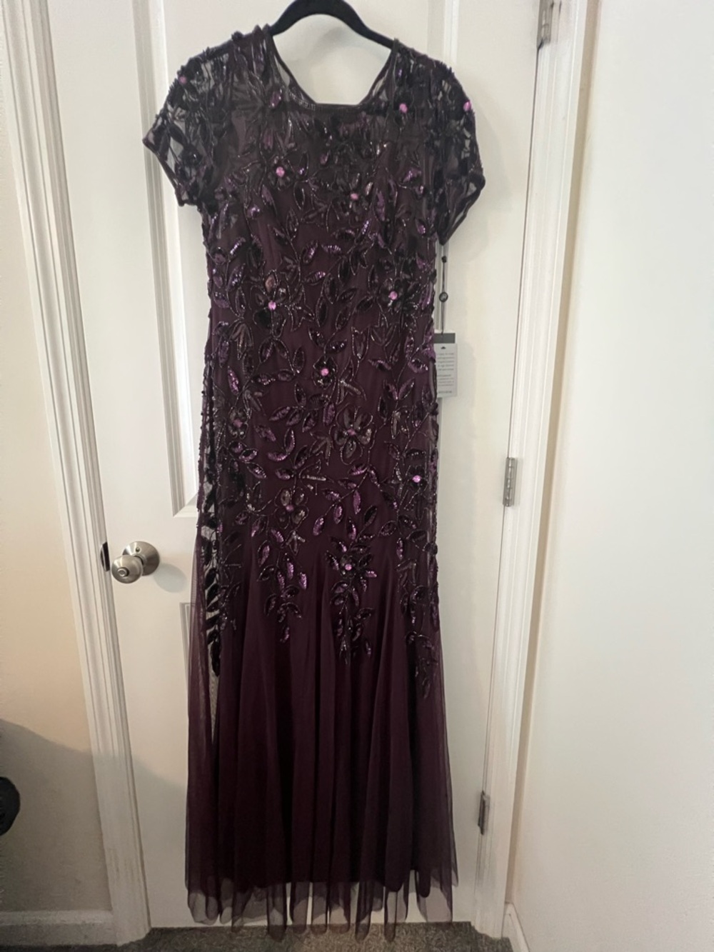 Adrianna Papell Plum Beaded Floral-Embellished Maxi Dress